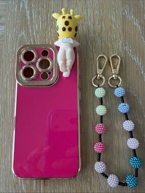 Lafunda 15PRO iPhone Case PINK LUX Gold Edge Sonny Angel Giraffe Beaded Charm